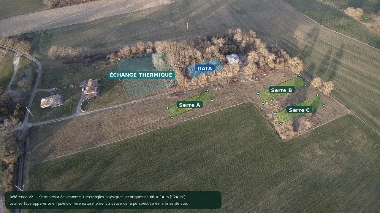 Implantation de travail recalée des serres, du data center et de la zone thermique sur la vue aérienne réelle
